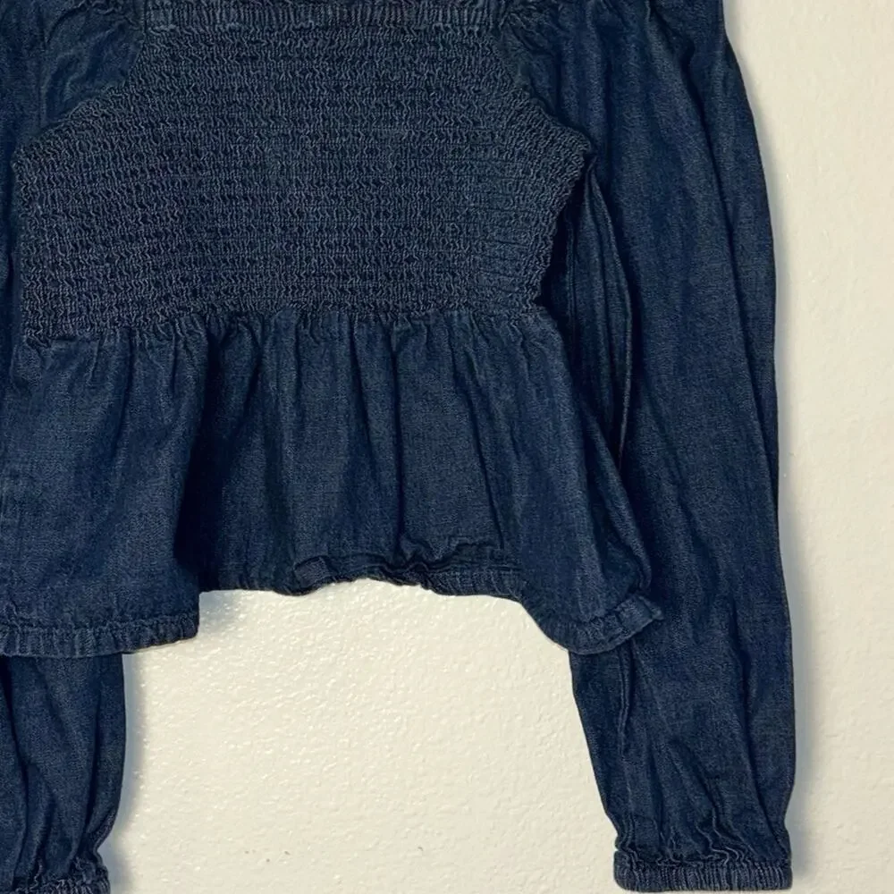 J. Crew Chambray Smocked Puffed-Sleeve Top Birch Wash (off shoulder) woman's Med